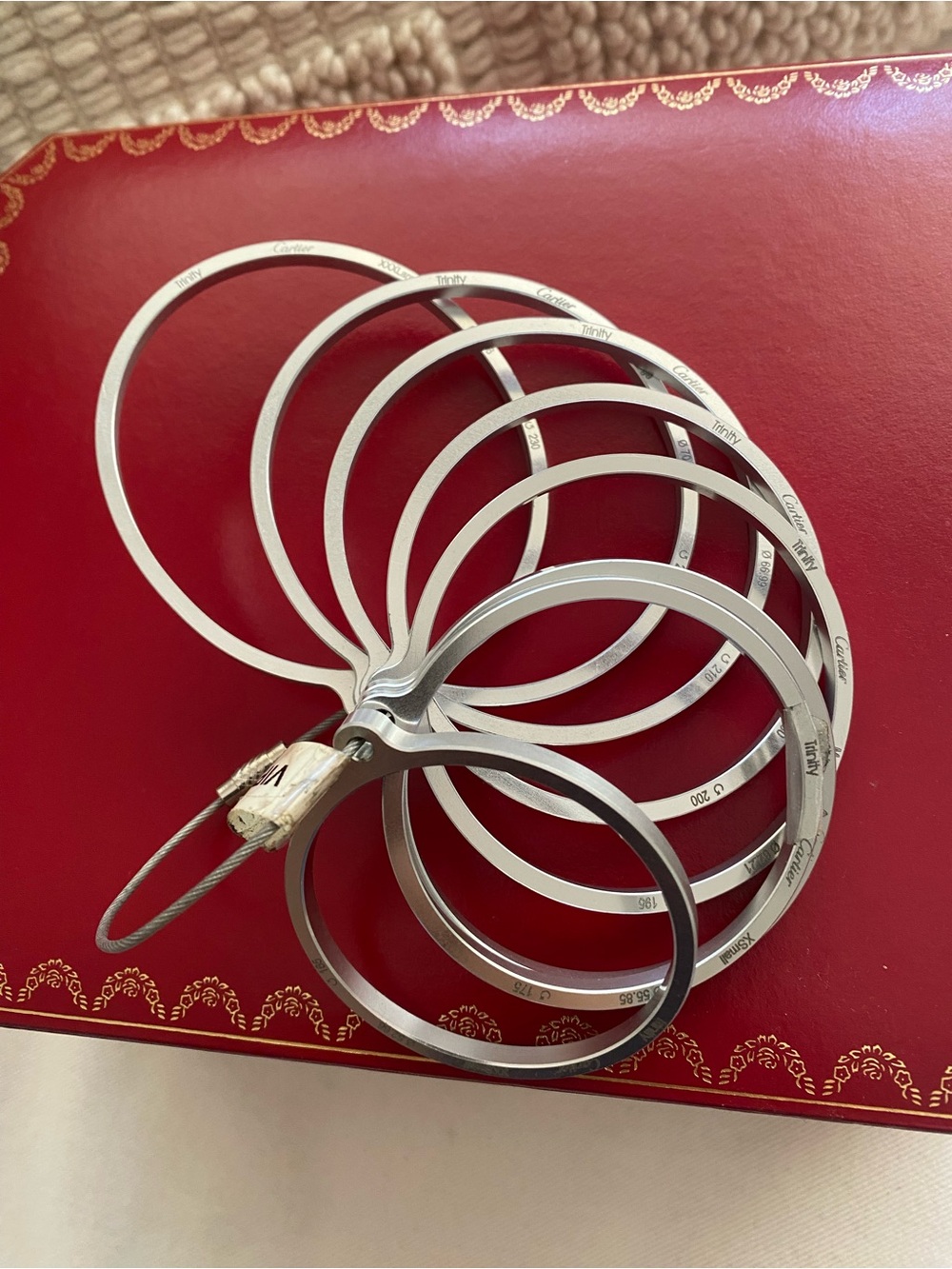 Cartier Silver Ring Sizer Set on Red Case